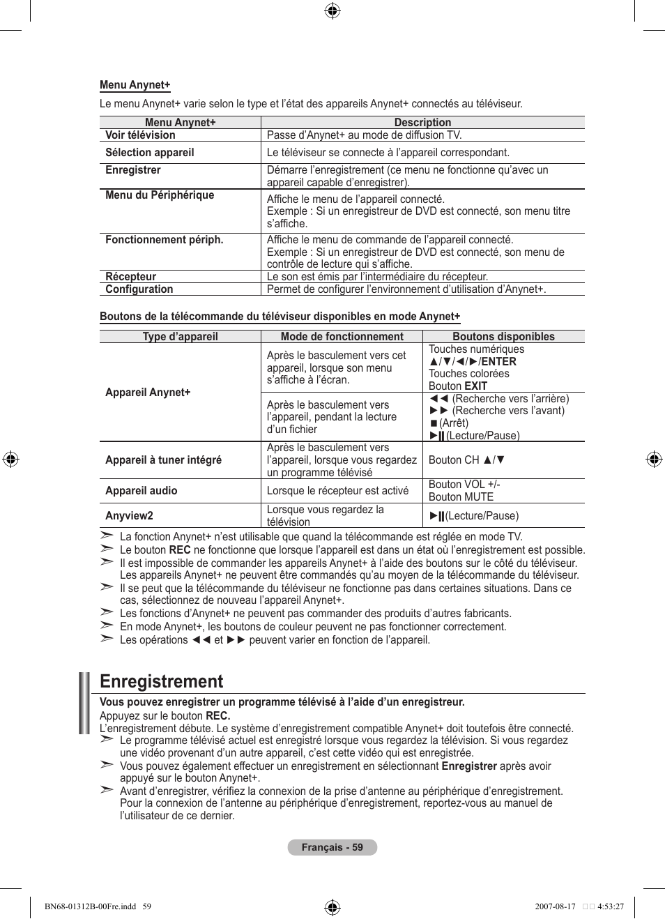Enregistrement | Samsung LE40F86BD User Manual | Page 125 / 516