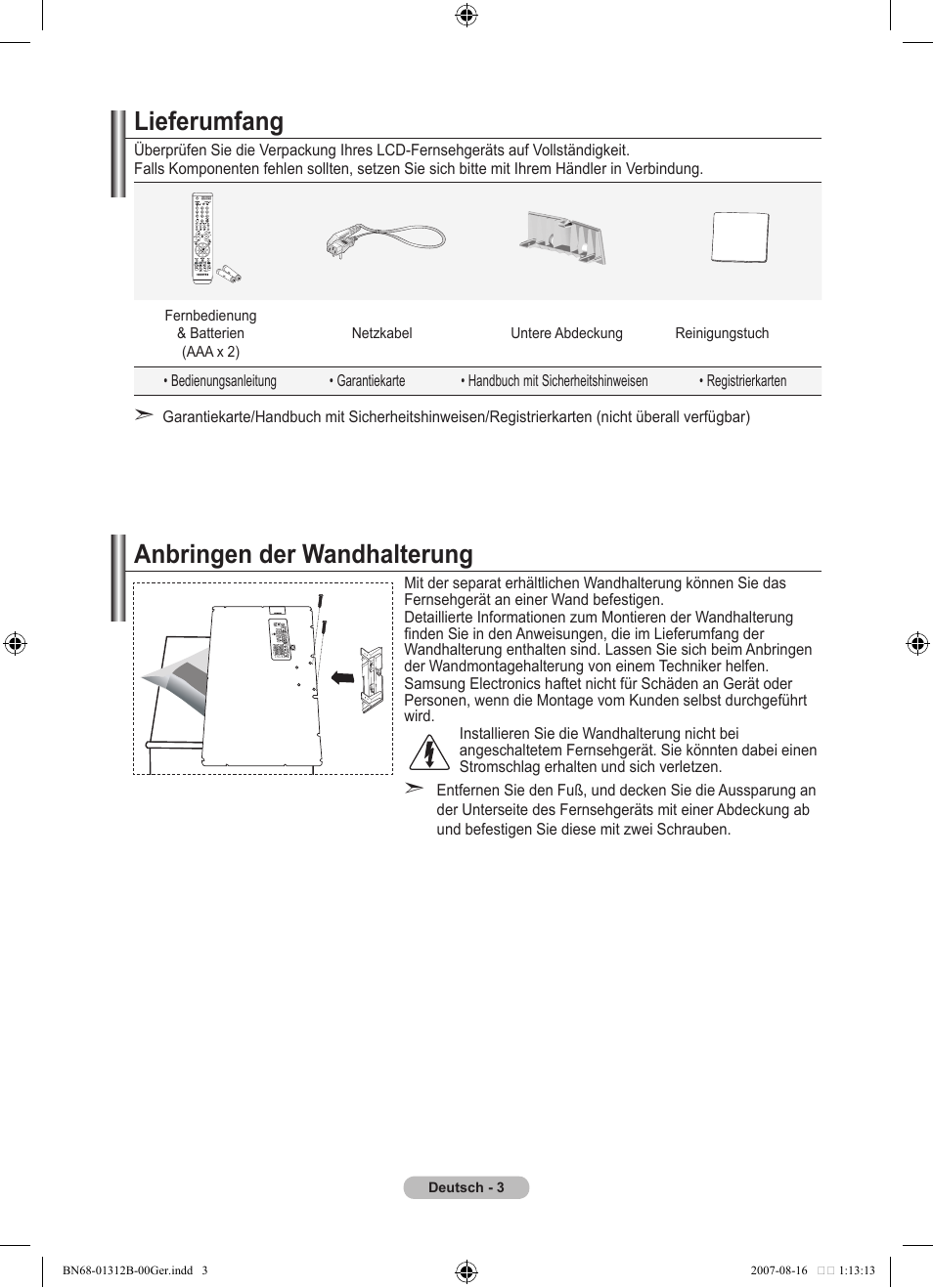 Lieferumfang, Anbringen der wandhalterung | Samsung LE40F86BD User Manual | Page 133 / 516
