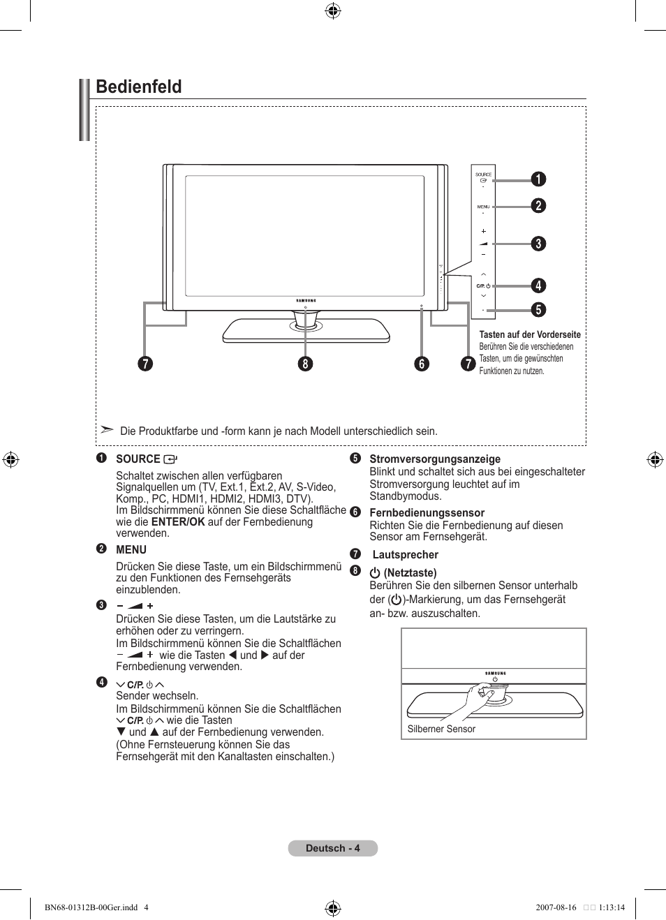 Bedienfeld | Samsung LE40F86BD User Manual | Page 134 / 516