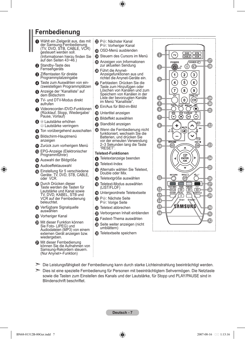 Fernbedienung | Samsung LE40F86BD User Manual | Page 137 / 516