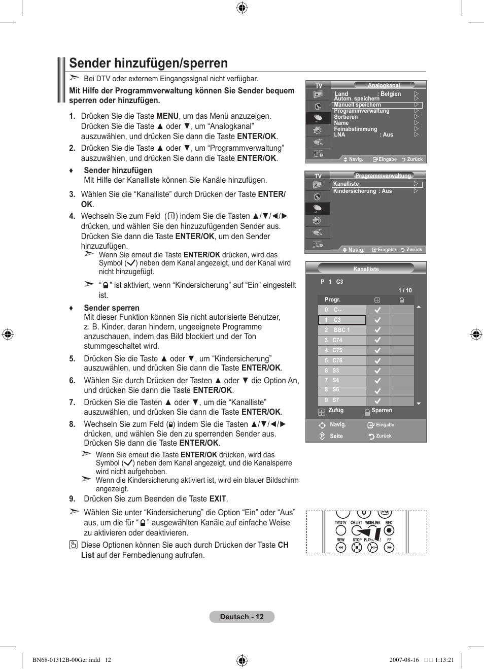 Sender hinzufügen/sperren | Samsung LE40F86BD User Manual | Page 142 / 516