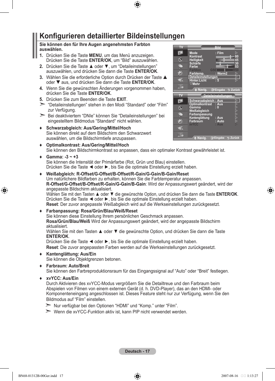 Konfigurieren detaillierter bildeinstellungen | Samsung LE40F86BD User Manual | Page 147 / 516