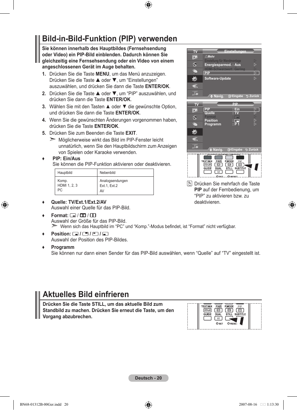 Bild-in-bild-funktion (pip) verwenden, Aktuelles bild einfrieren | Samsung LE40F86BD User Manual | Page 150 / 516