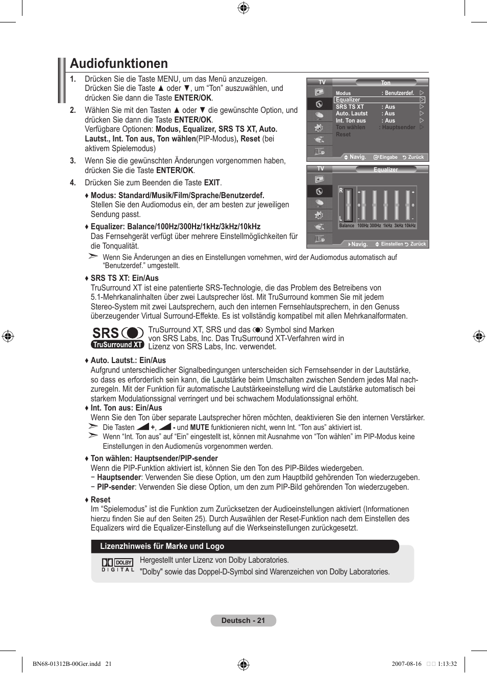Audiofunktionen | Samsung LE40F86BD User Manual | Page 151 / 516