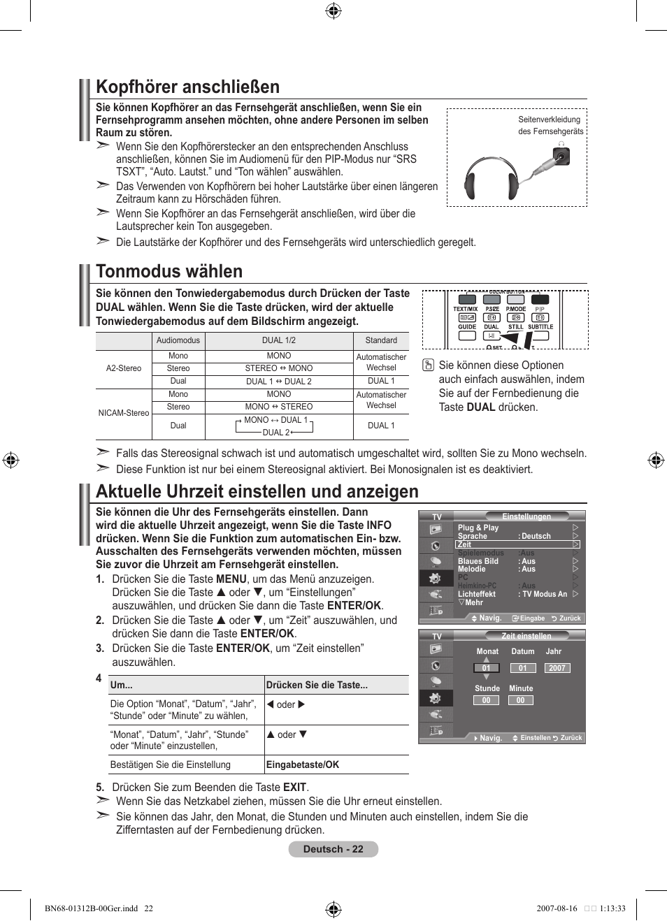 Kopfhörer anschließen, Tonmodus wählen, Aktuelle uhrzeit einstellen und anzeigen | Samsung LE40F86BD User Manual | Page 152 / 516