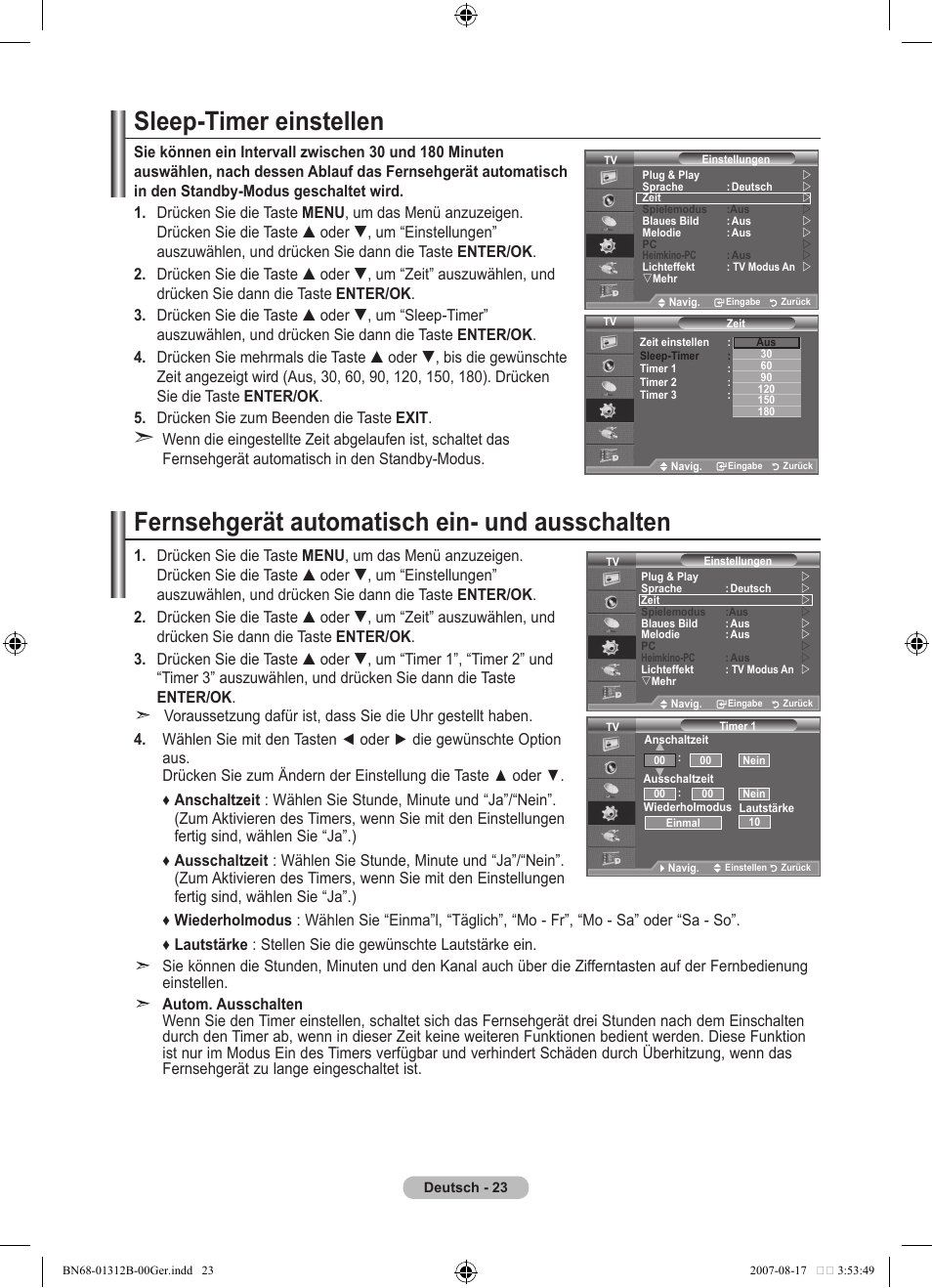 Sleep-timer einstellen, Fernsehgerät automatisch ein- und ausschalten | Samsung LE40F86BD User Manual | Page 153 / 516