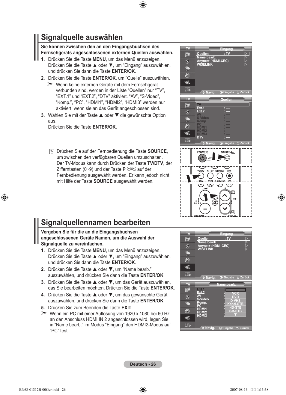 Signalquelle auswählen, Signalquellennamen bearbeiten | Samsung LE40F86BD User Manual | Page 156 / 516