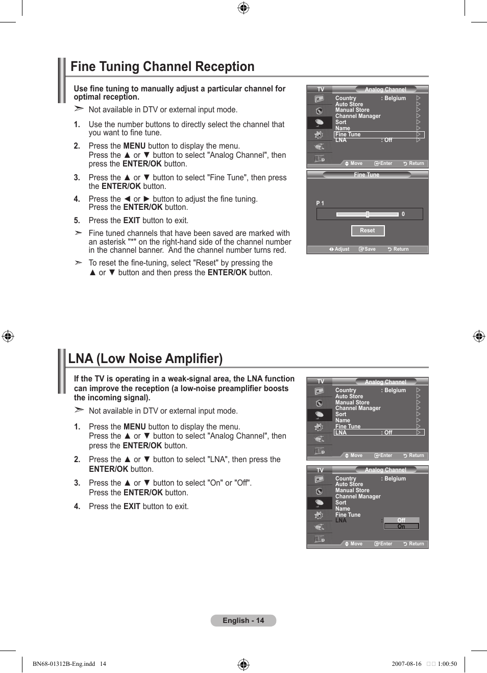Fine tuning channel reception, Lna (low noise amplifier) | Samsung LE40F86BD User Manual | Page 16 / 516