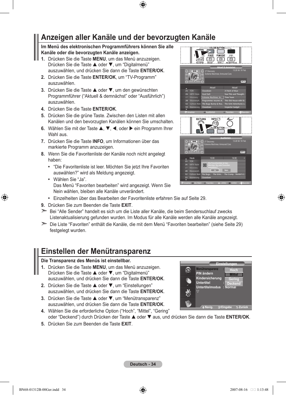 Anzeigen aller kanäle und der bevorzugten kanäle, Einstellen der menütransparenz | Samsung LE40F86BD User Manual | Page 164 / 516