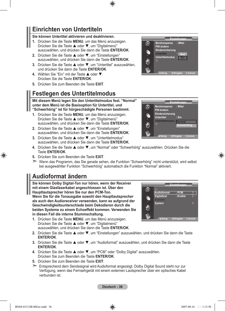 Einrichten von untertiteln, Festlegen des untertitelmodus, Audioformat ändern | Samsung LE40F86BD User Manual | Page 166 / 516