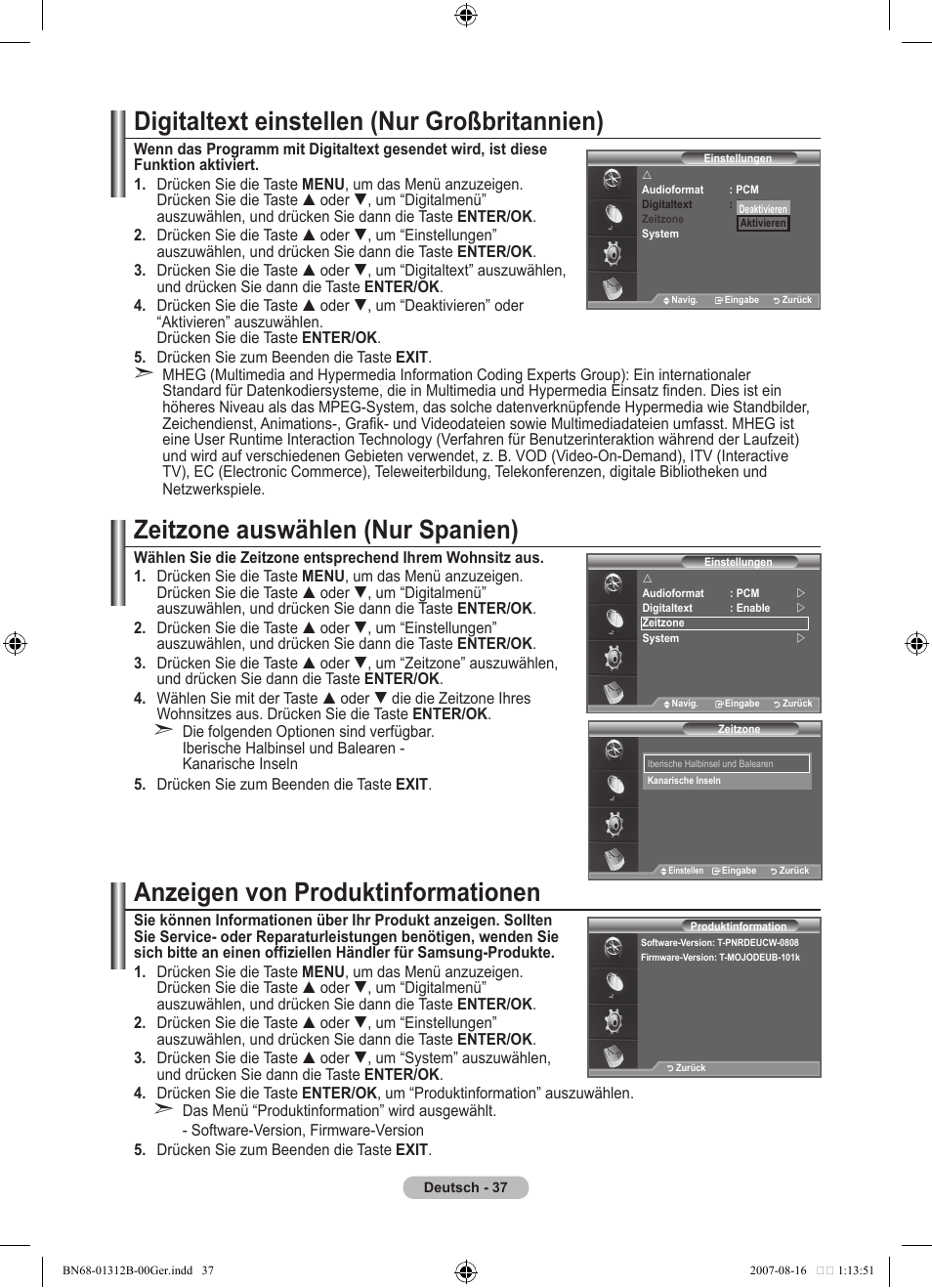 Digitaltext einstellen (nur großbritannien), Zeitzone auswählen (nur spanien), Anzeigen von produktinformationen | Samsung LE40F86BD User Manual | Page 167 / 516