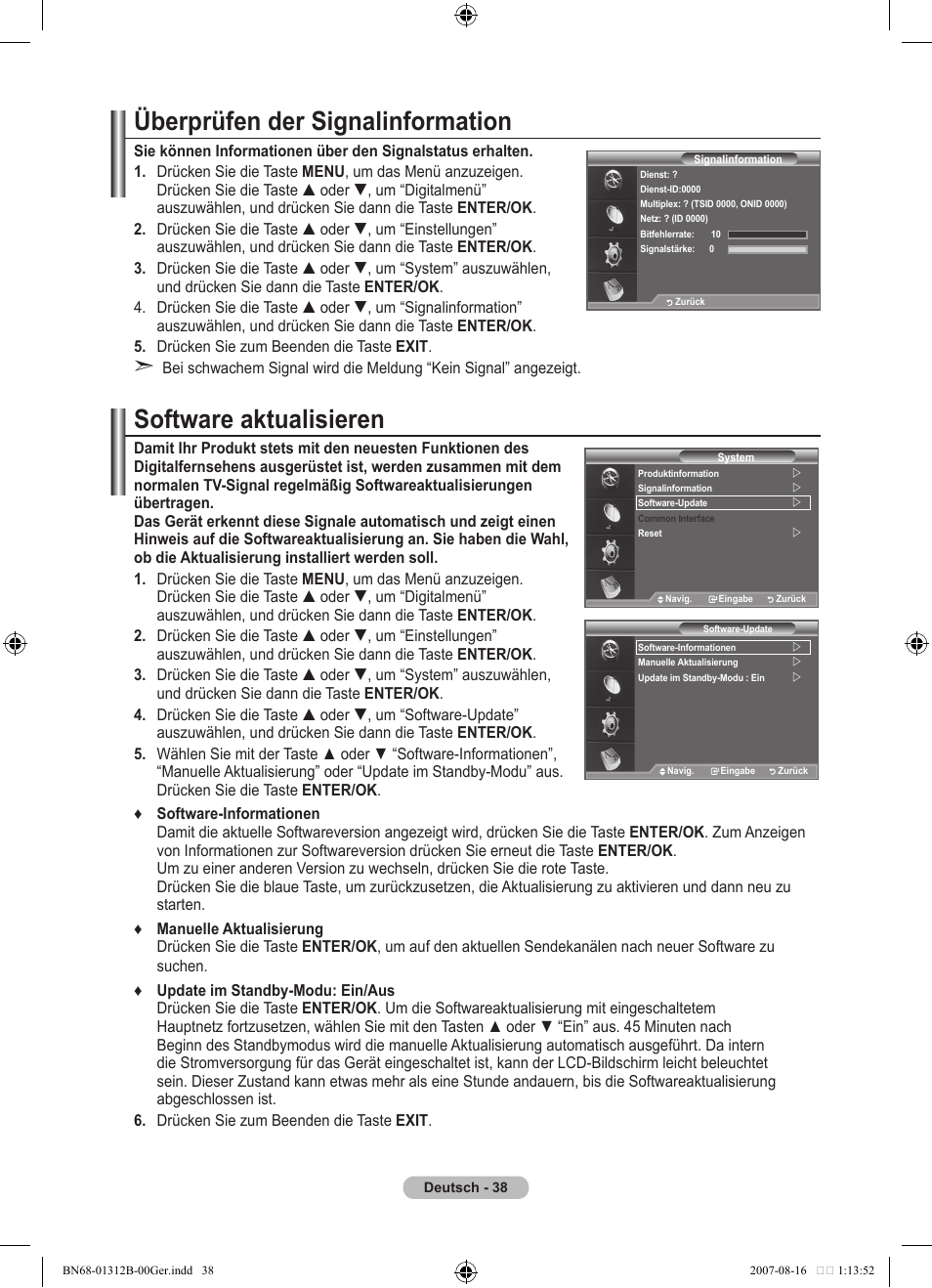 Überprüfen der signalinformation, Software aktualisieren | Samsung LE40F86BD User Manual | Page 168 / 516