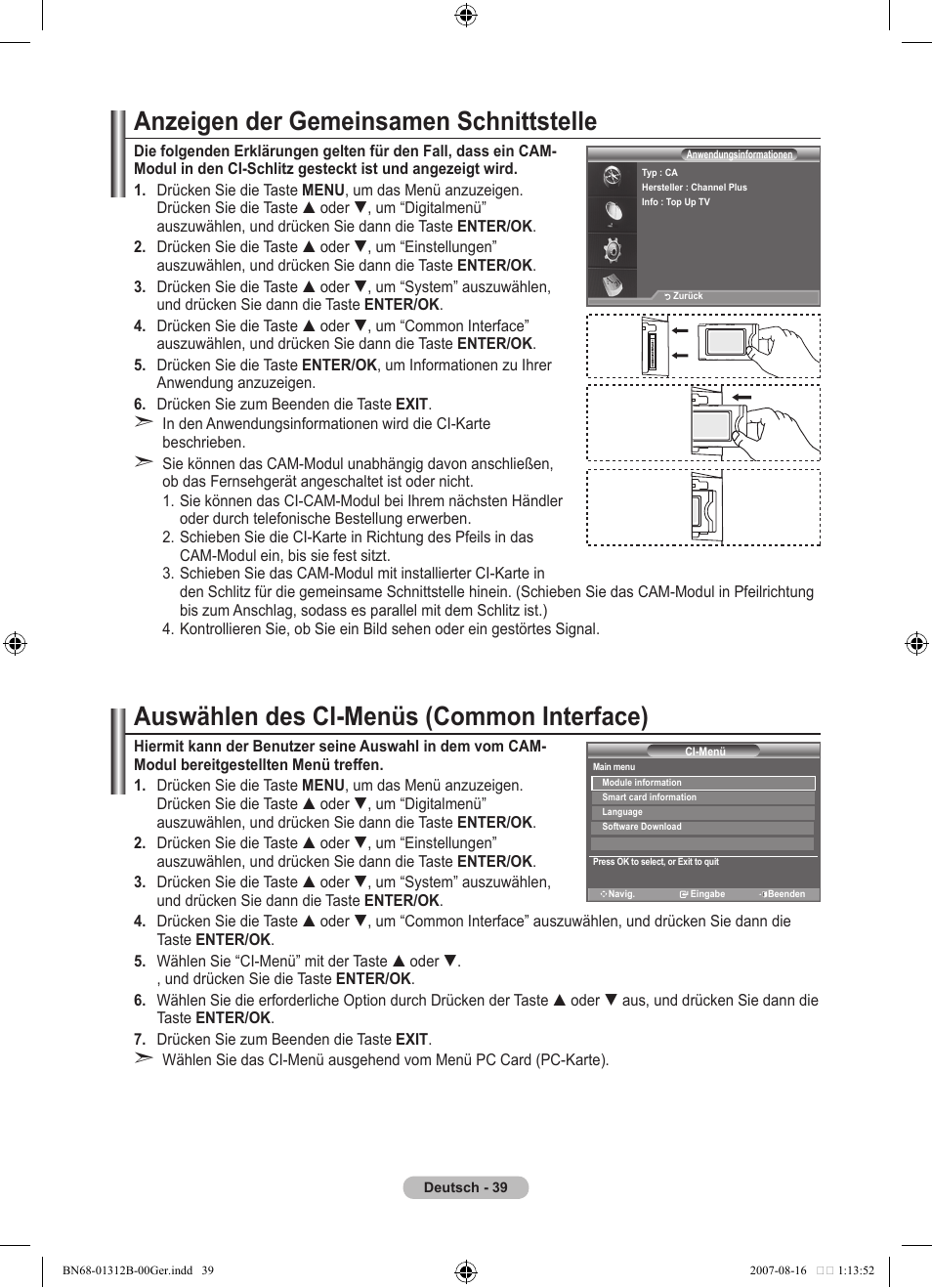 Anzeigen der gemeinsamen schnittstelle, Auswählen des ci-menüs (common interface) | Samsung LE40F86BD User Manual | Page 169 / 516