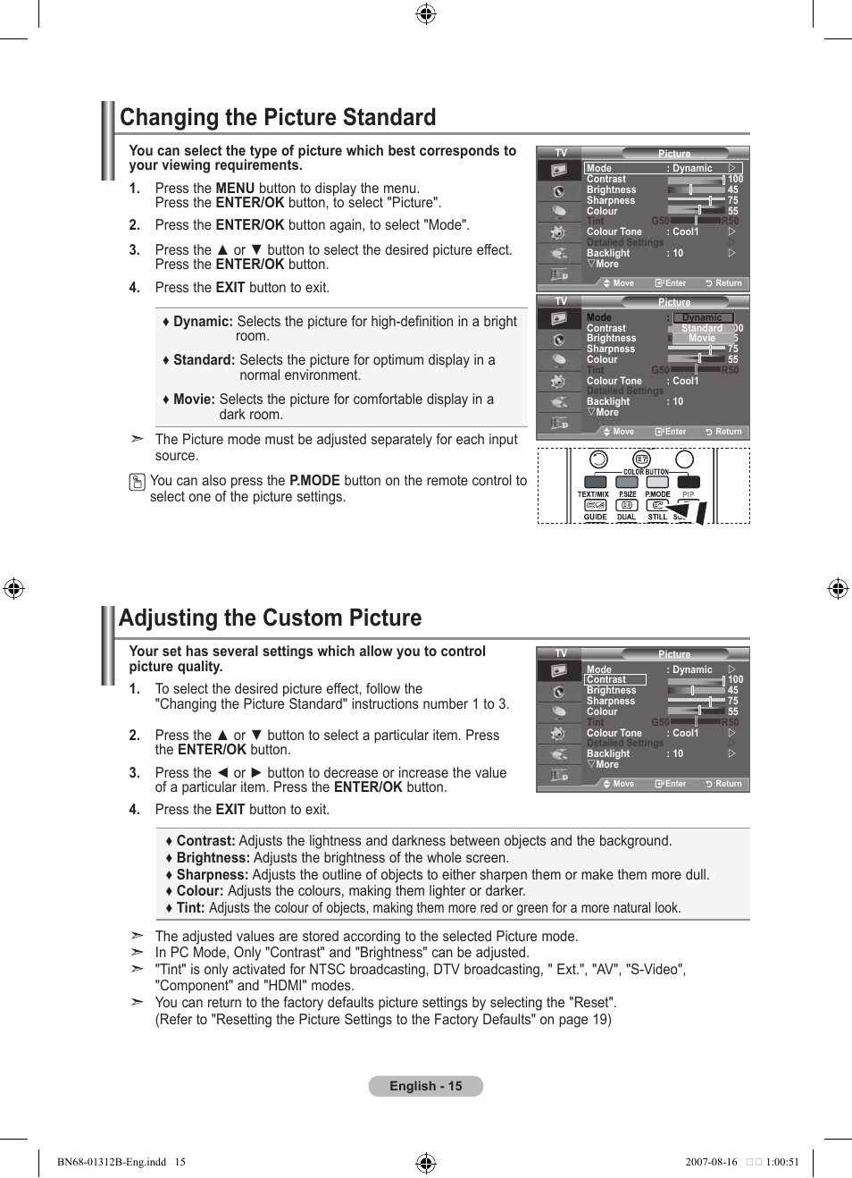 Setting the picture, Changing the picture standard, Adjusting the custom picture | Samsung LE40F86BD User Manual | Page 17 / 516
