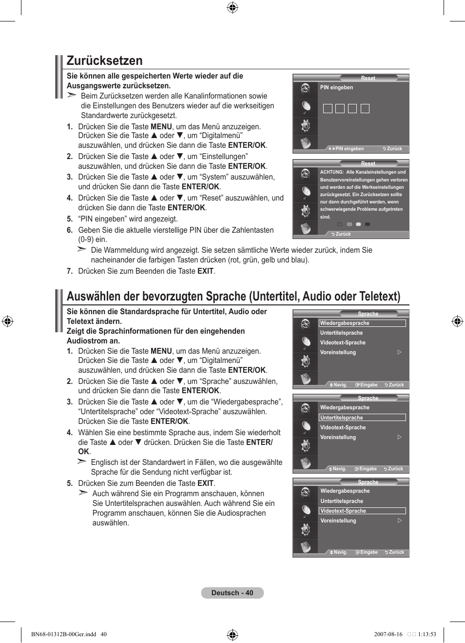 Zurücksetzen | Samsung LE40F86BD User Manual | Page 170 / 516