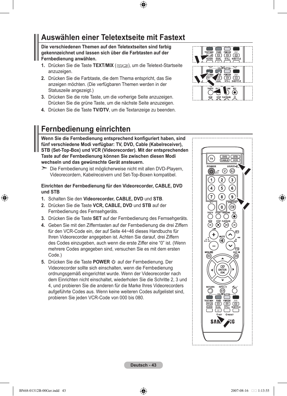 Auswählen einer teletextseite mit fastext, Fernbedienung einrichten | Samsung LE40F86BD User Manual | Page 173 / 516
