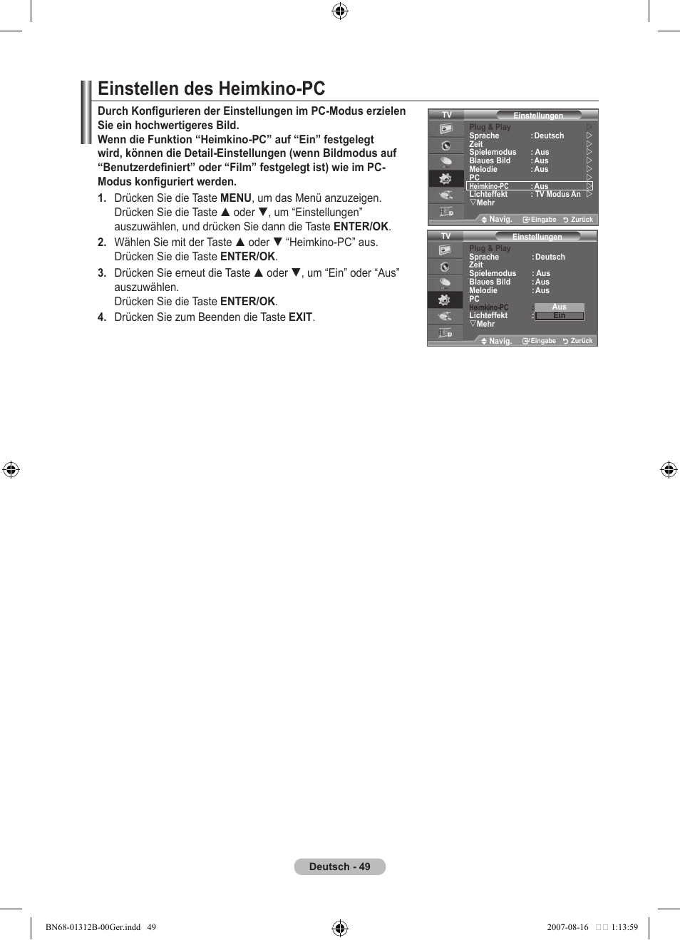 Einstellen des heimkino-pc | Samsung LE40F86BD User Manual | Page 179 / 516