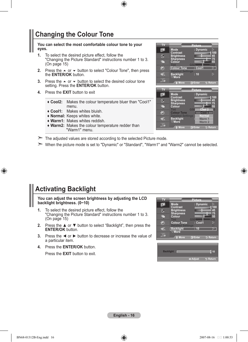 Changing the colour tone, Activating backlight | Samsung LE40F86BD User Manual | Page 18 / 516