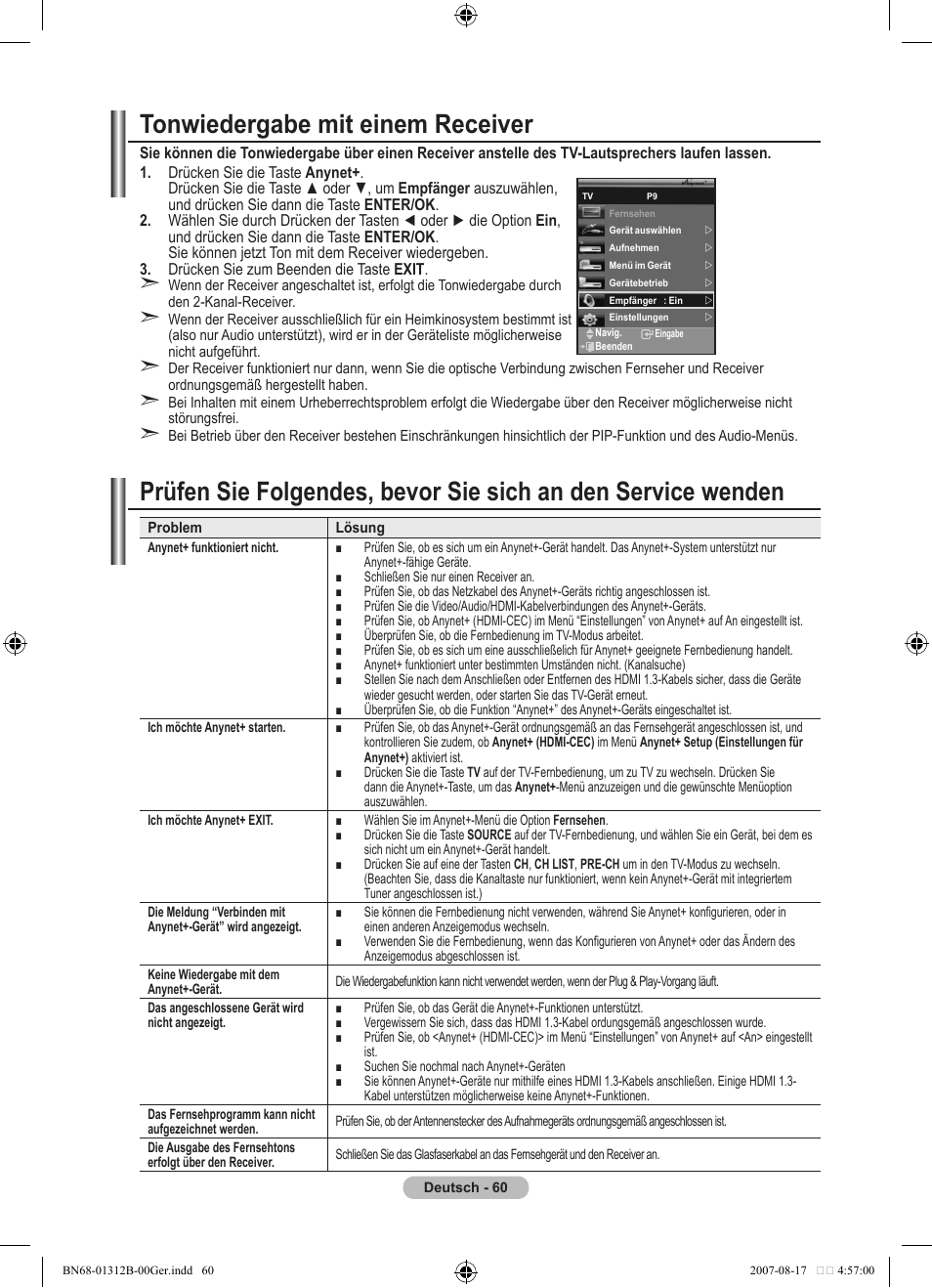 Tonwiedergabe mit einem receiver | Samsung LE40F86BD User Manual | Page 190 / 516