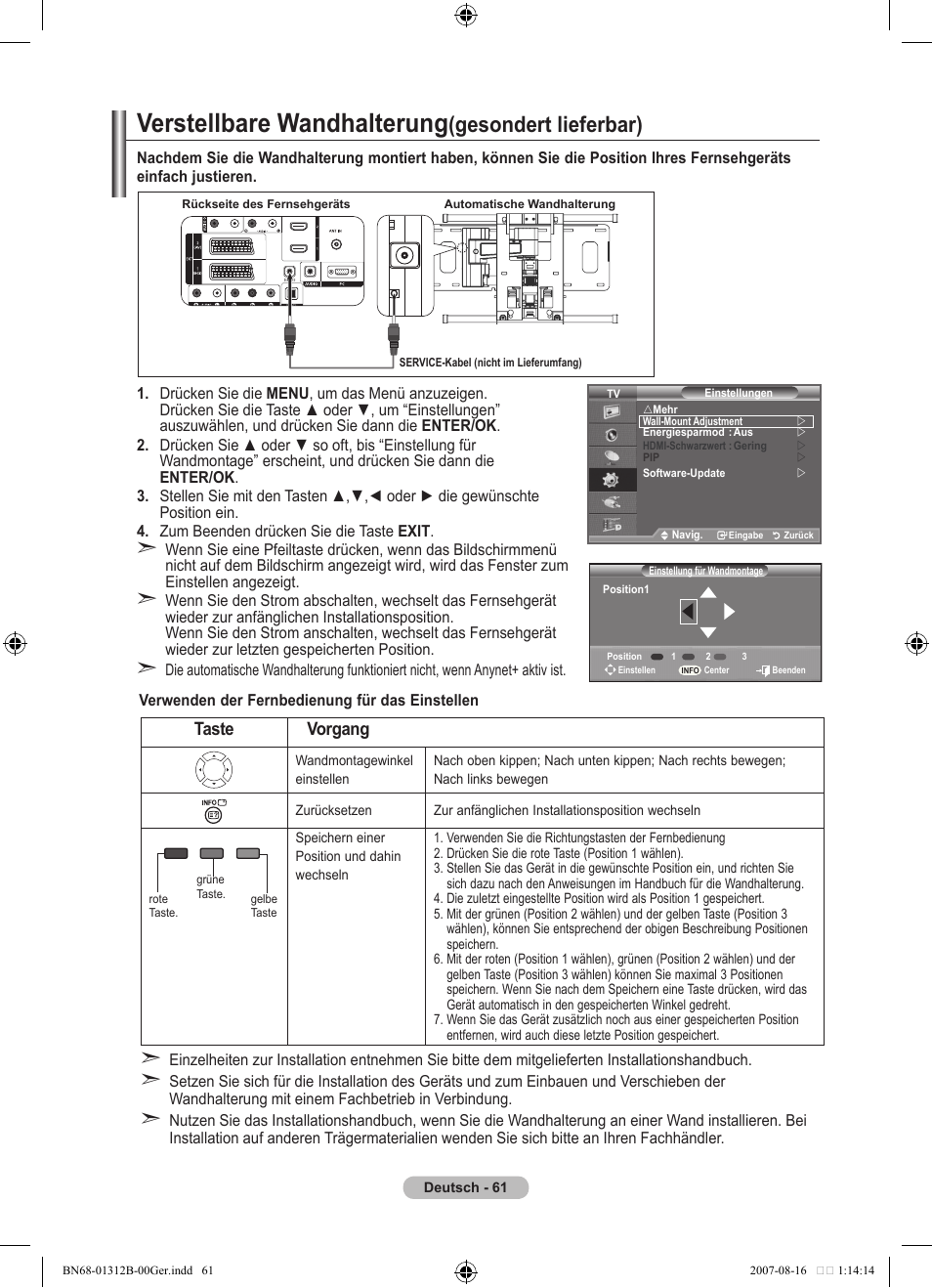 Verstellbare wandhalterung, Gesondert lieferbar), Taste vorgang | Samsung LE40F86BD User Manual | Page 191 / 516