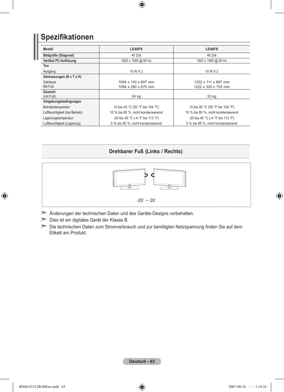 Spezifikationen, Drehbarer fuß (links / rechts) | Samsung LE40F86BD User Manual | Page 193 / 516