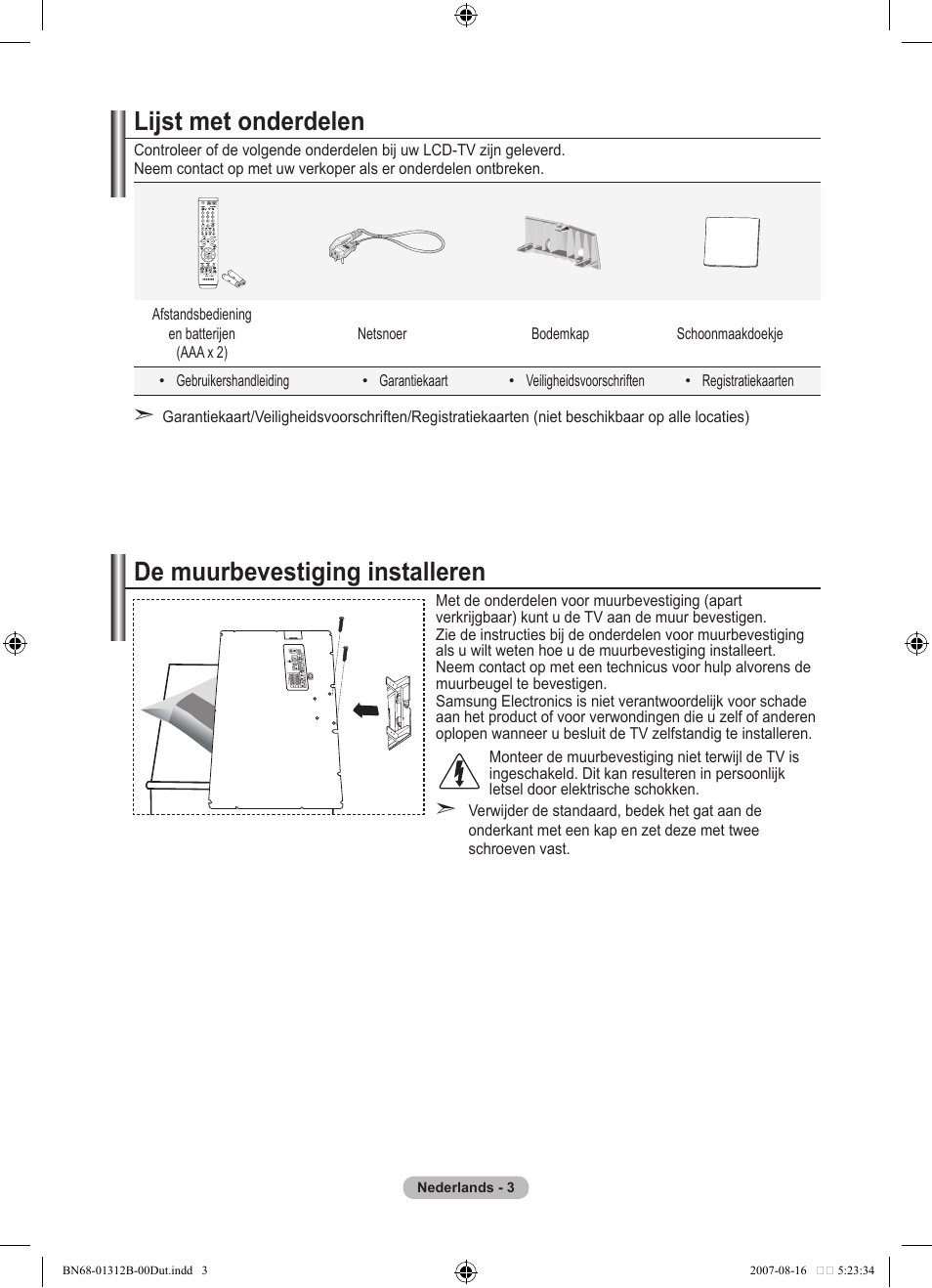 Lijst met onderdelen, De muurbevestiging installeren | Samsung LE40F86BD User Manual | Page 197 / 516
