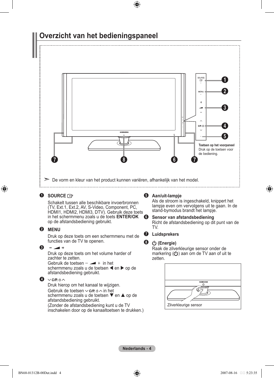 Overzicht van het bedieningspaneel | Samsung LE40F86BD User Manual | Page 198 / 516