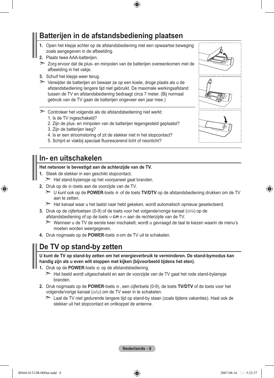 Batterijen in de afstandsbediening plaatsen, In- en uitschakelen, De tv op stand-by zetten | Samsung LE40F86BD User Manual | Page 202 / 516