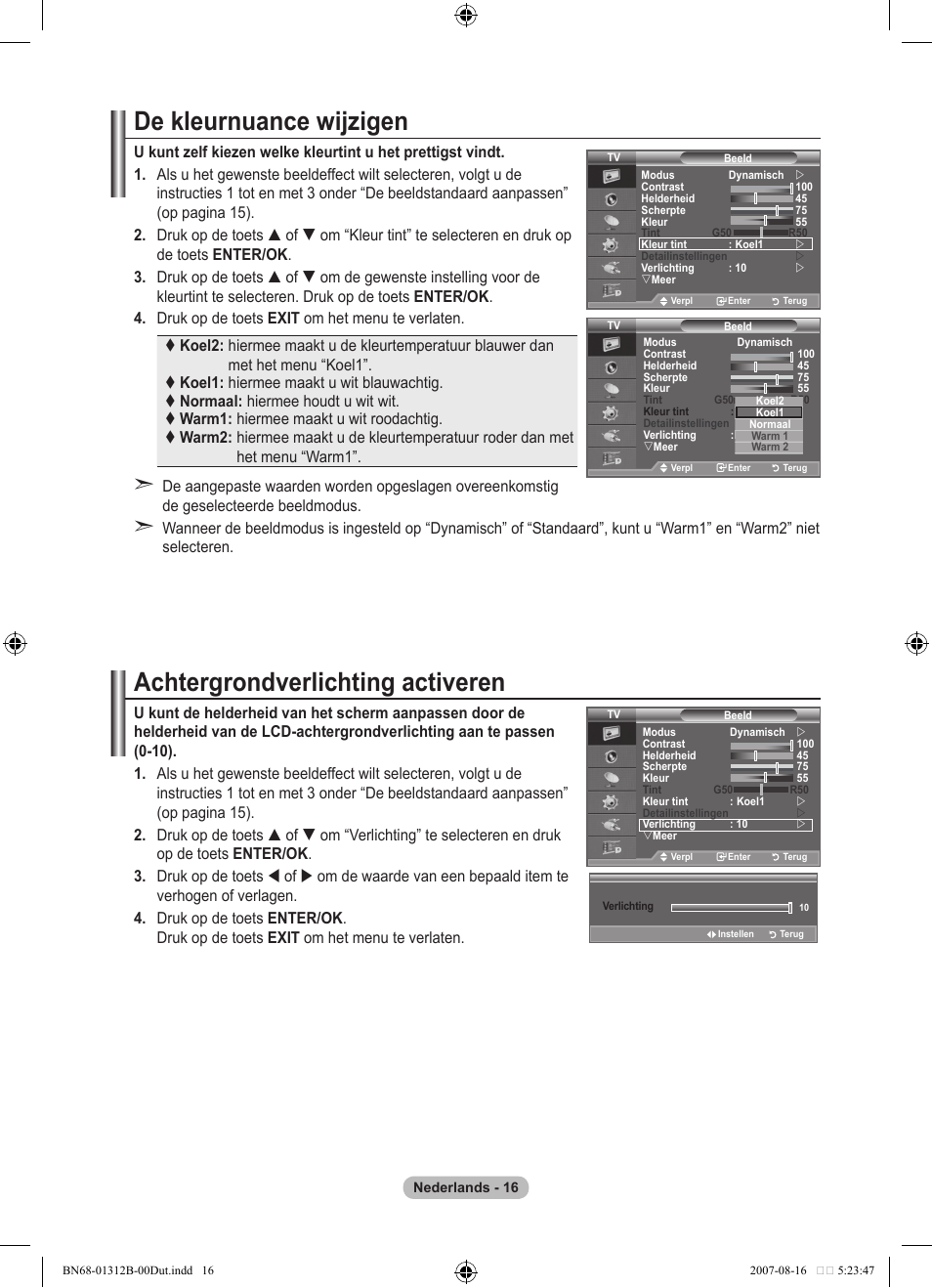 De kleurnuance wijzigen, Achtergrondverlichting activeren | Samsung LE40F86BD User Manual | Page 210 / 516