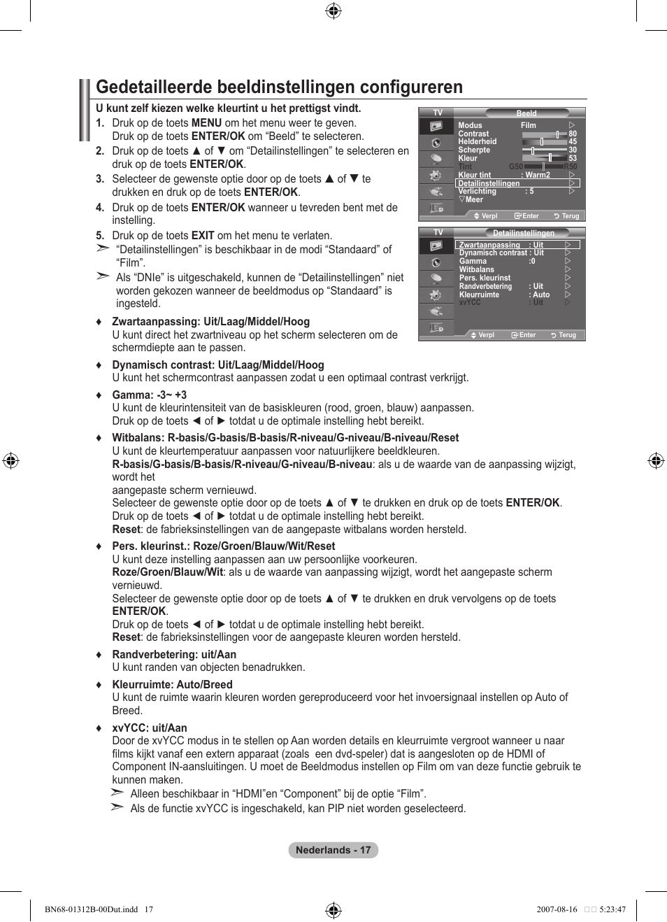 Gedetailleerde beeldinstellingen configureren | Samsung LE40F86BD User Manual | Page 211 / 516