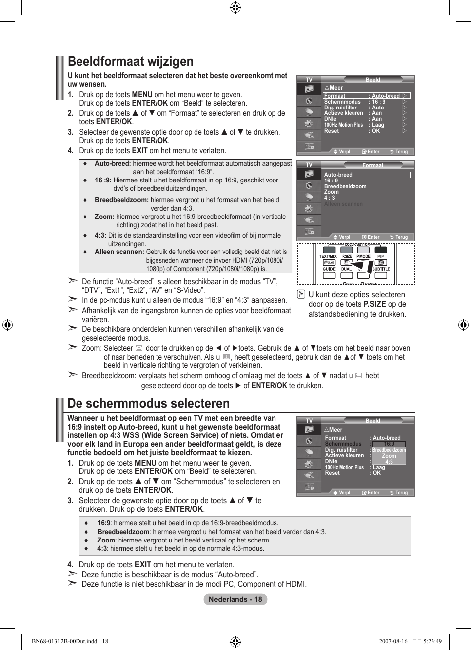 Beeldformaat wijzigen, De schermmodus selecteren | Samsung LE40F86BD User Manual | Page 212 / 516