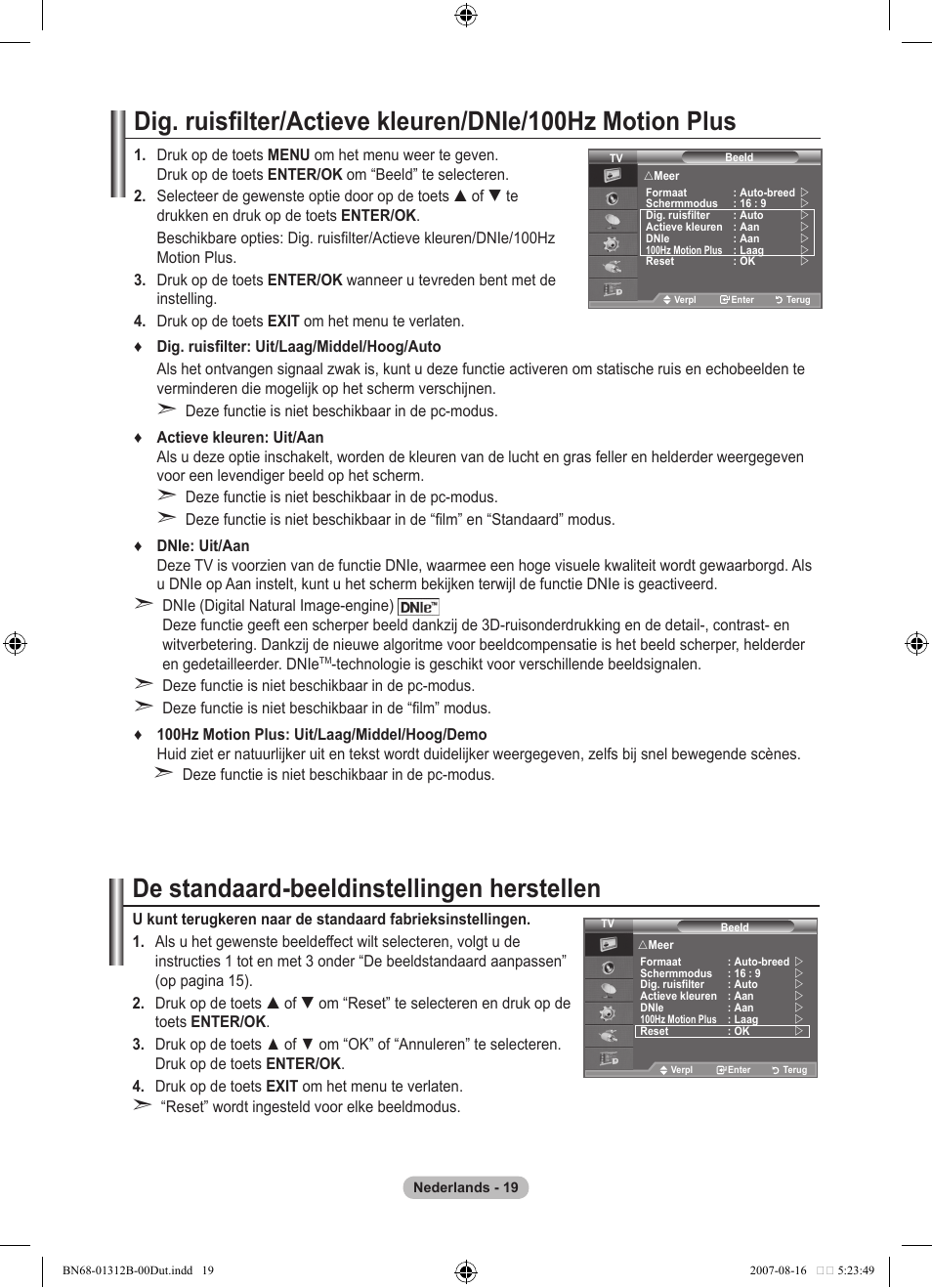 De standaard-beeldinstellingen herstellen | Samsung LE40F86BD User Manual | Page 213 / 516