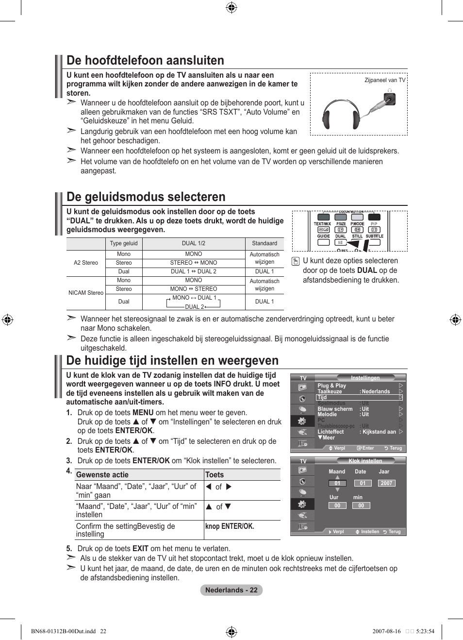 De hoofdtelefoon aansluiten, De geluidsmodus selecteren, De huidige tijd instellen en weergeven | Samsung LE40F86BD User Manual | Page 216 / 516