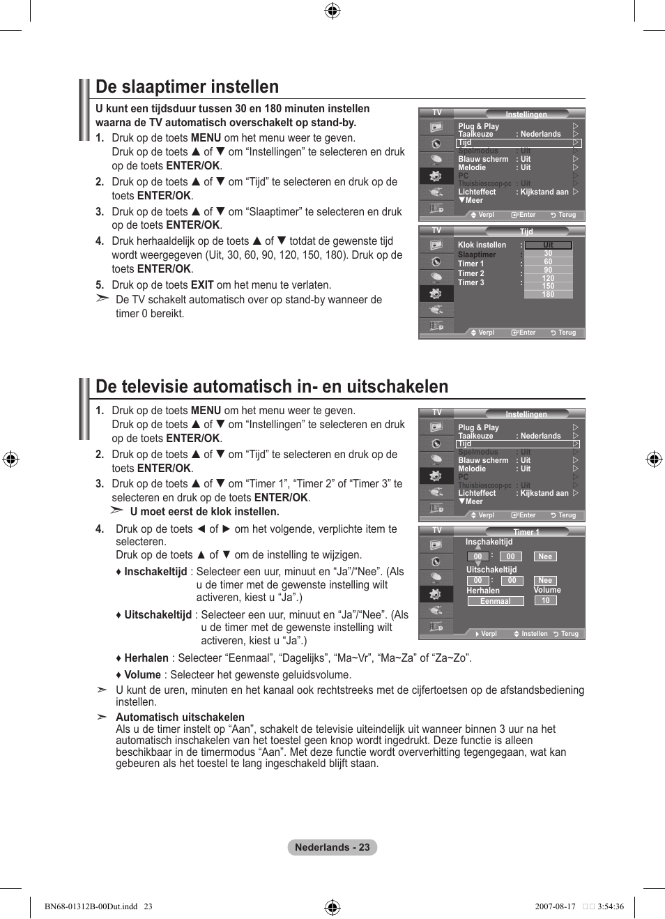 De slaaptimer instellen, De televisie automatisch in- en uitschakelen | Samsung LE40F86BD User Manual | Page 217 / 516