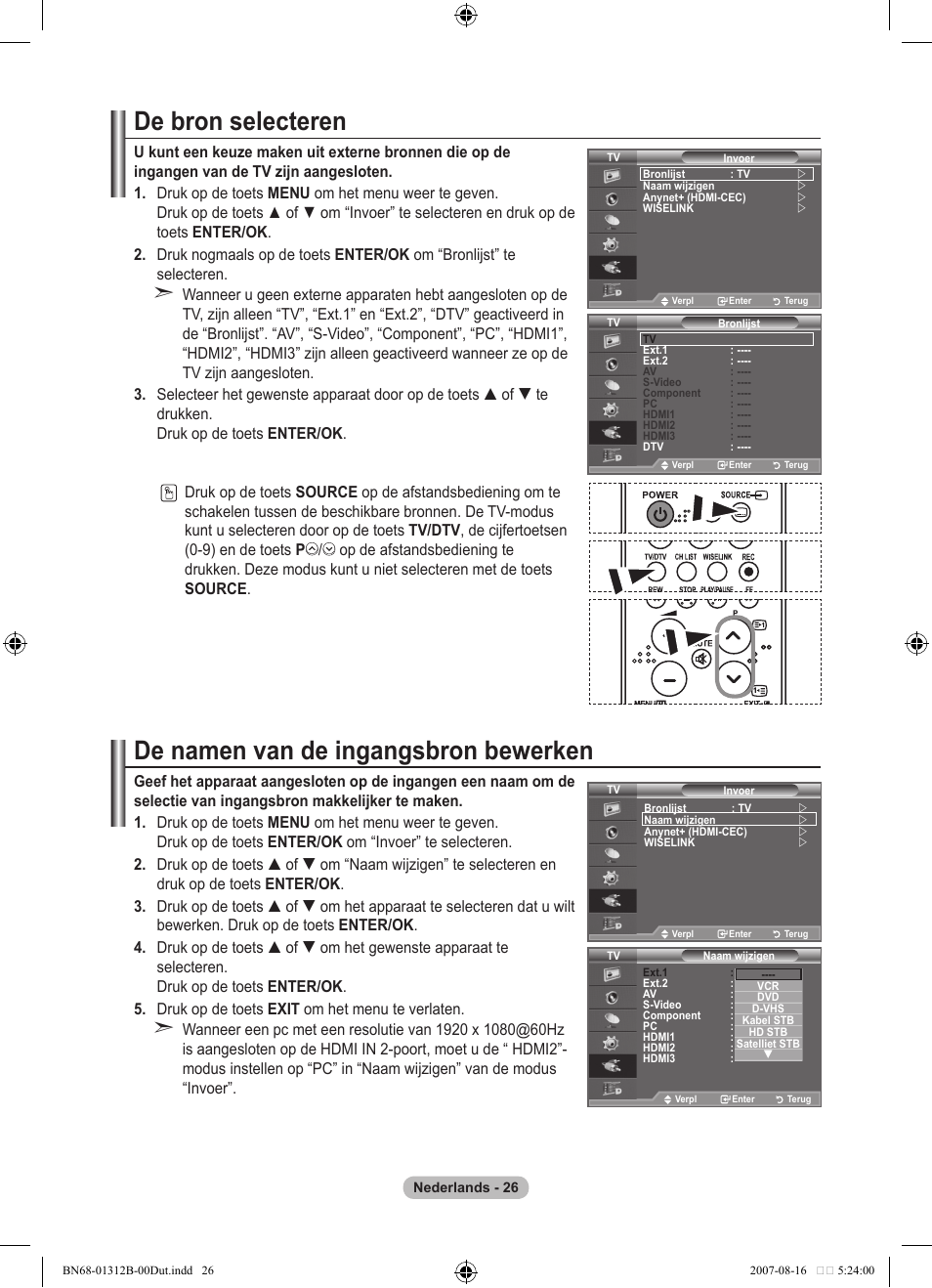 De bron selecteren, De namen van de ingangsbron bewerken | Samsung LE40F86BD User Manual | Page 220 / 516