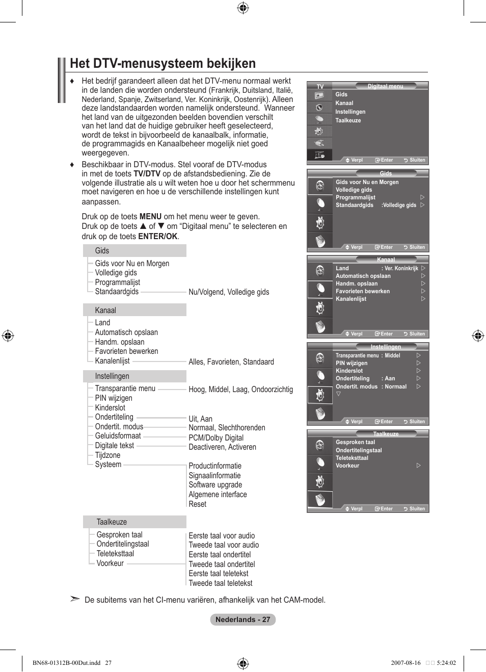 Het dtv-menusysteem bekijken | Samsung LE40F86BD User Manual | Page 221 / 516