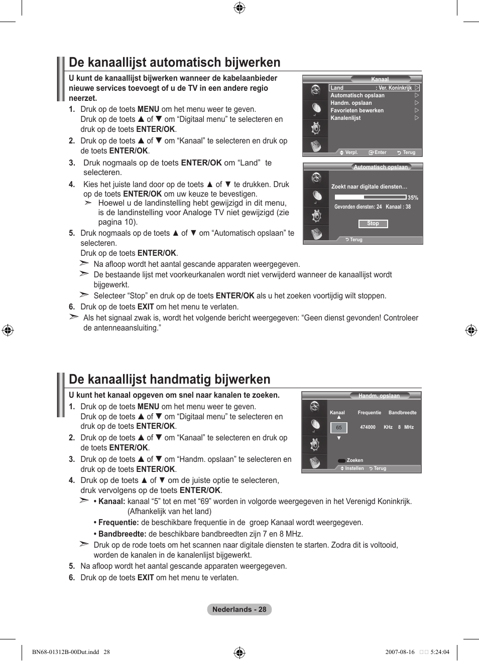 De kanaallijst automatisch bijwerken, De kanaallijst handmatig bijwerken | Samsung LE40F86BD User Manual | Page 222 / 516