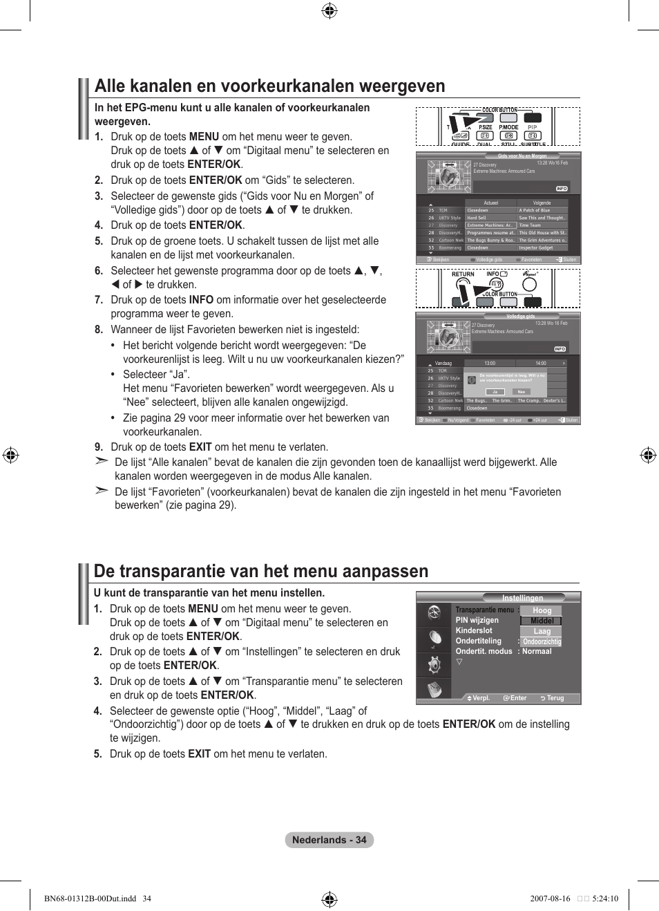 Alle kanalen en voorkeurkanalen weergeven, De transparantie van het menu aanpassen | Samsung LE40F86BD User Manual | Page 228 / 516
