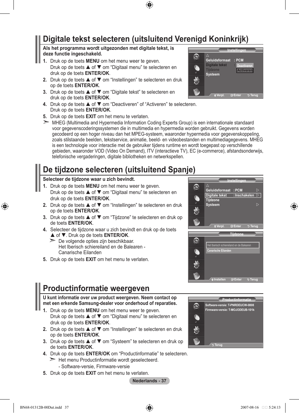 De tijdzone selecteren (uitsluitend spanje), Productinformatie weergeven | Samsung LE40F86BD User Manual | Page 231 / 516