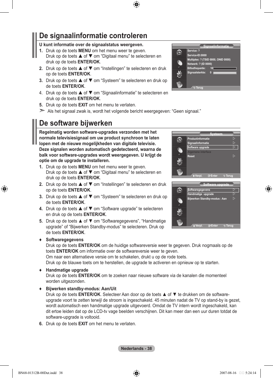 De signaalinformatie controleren, De software bijwerken | Samsung LE40F86BD User Manual | Page 232 / 516