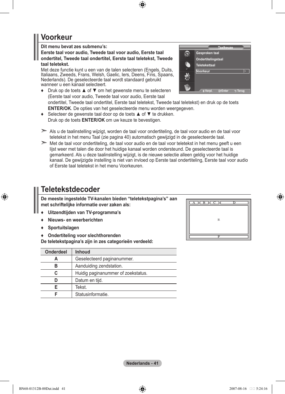 Voorkeur, Teletekstdecoder | Samsung LE40F86BD User Manual | Page 235 / 516