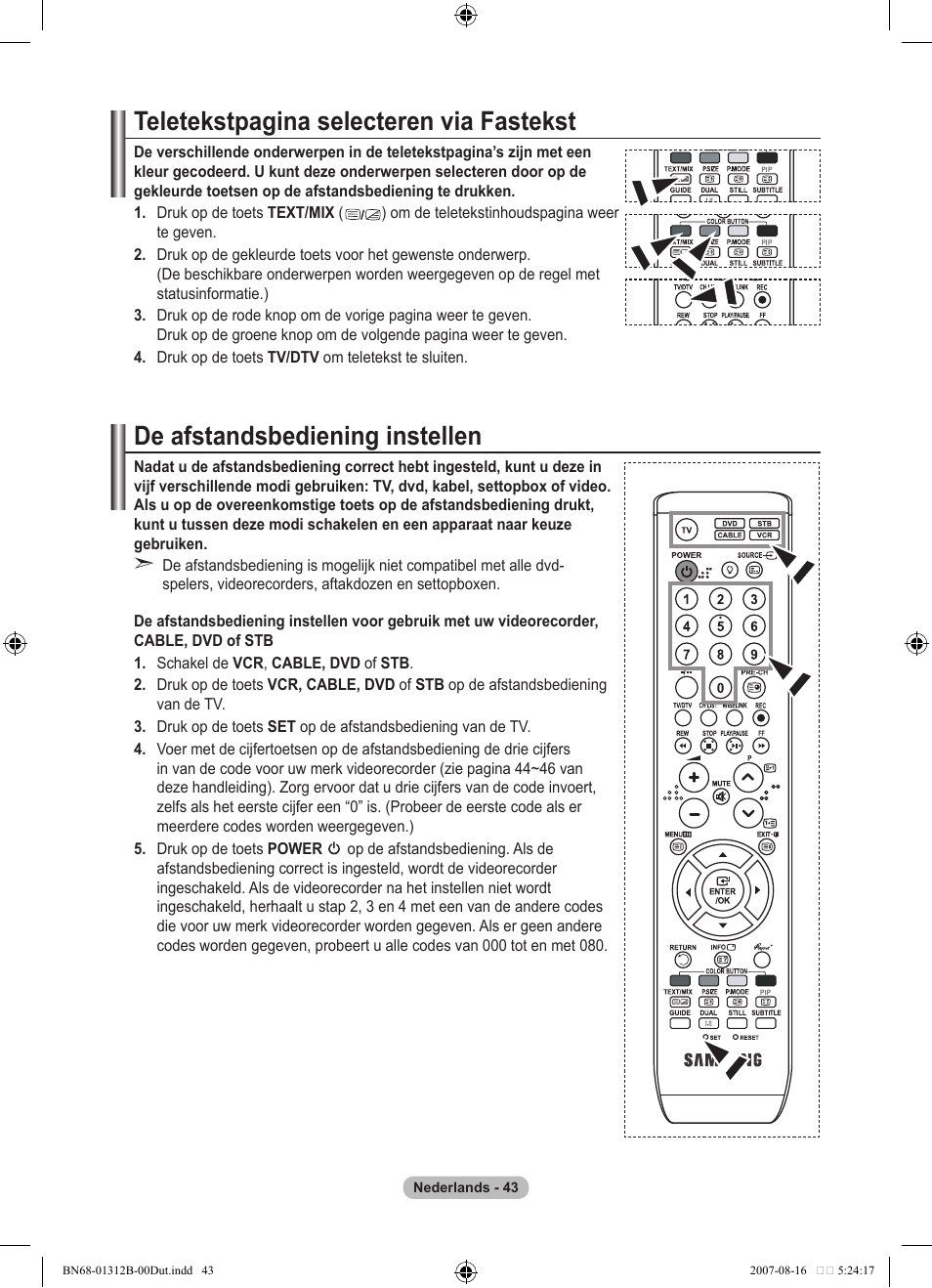Teletekstpagina selecteren via fastekst, De afstandsbediening instellen | Samsung LE40F86BD User Manual | Page 237 / 516
