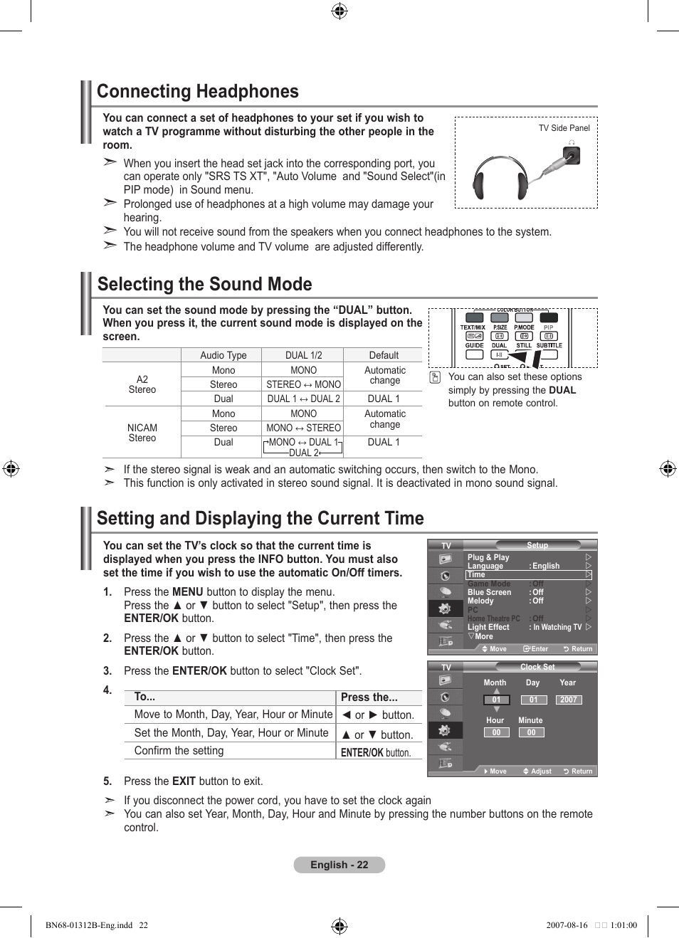 Connecting headphones, Selecting the sound mode, Setting the time | Setting and displaying the current time | Samsung LE40F86BD User Manual | Page 24 / 516