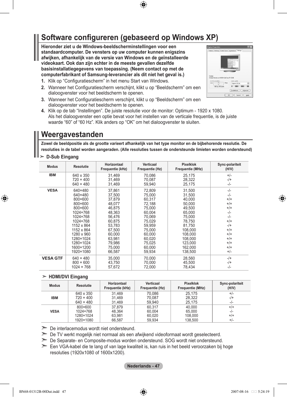 Software configureren (gebaseerd op windows xp), Weergavestanden | Samsung LE40F86BD User Manual | Page 241 / 516