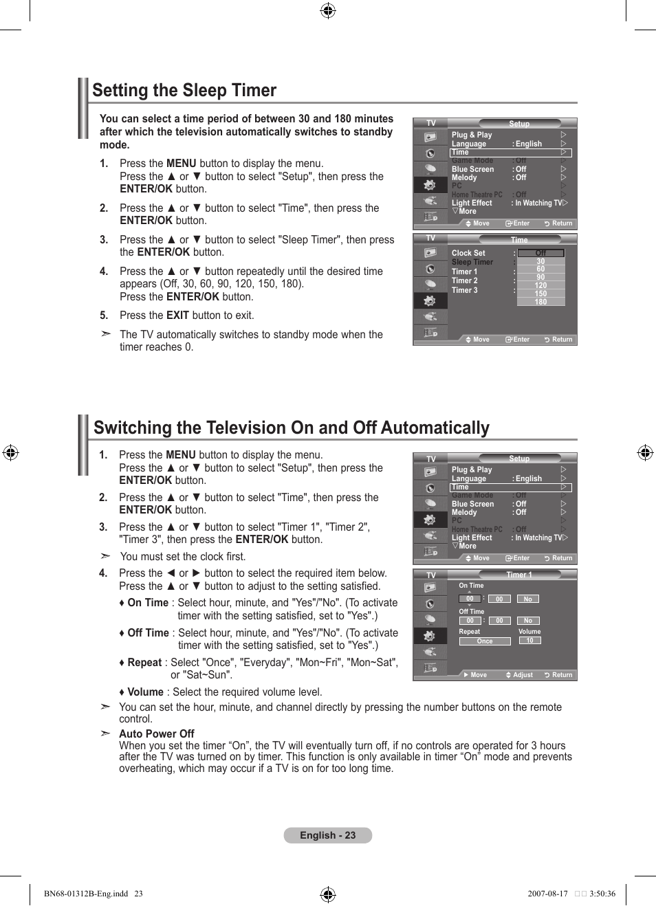 Setting the sleep timer, Switching the television on and off automatically | Samsung LE40F86BD User Manual | Page 25 / 516