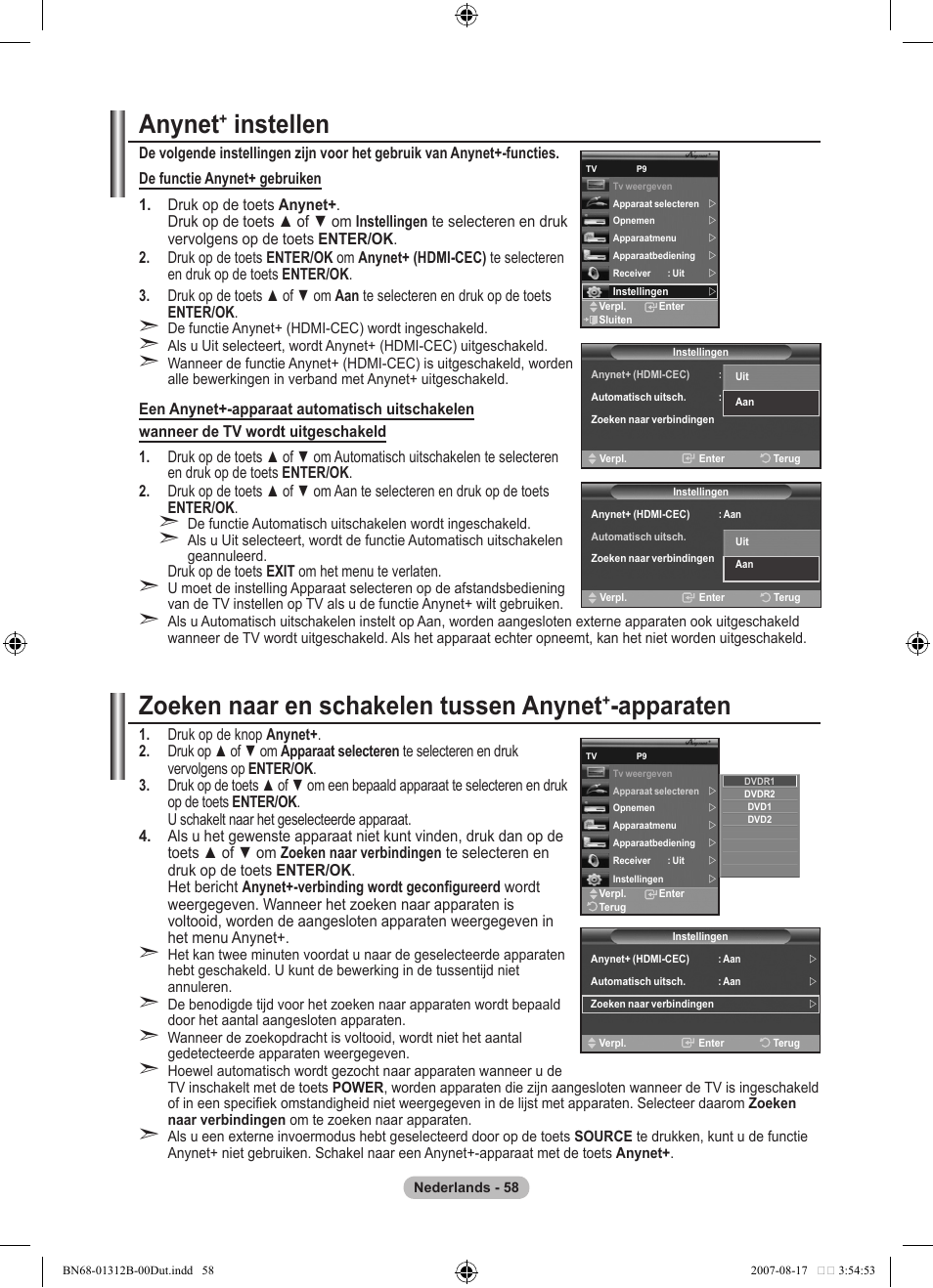 Anynet, Instellen, Zoeken naar en schakelen tussen anynet | Apparaten | Samsung LE40F86BD User Manual | Page 252 / 516