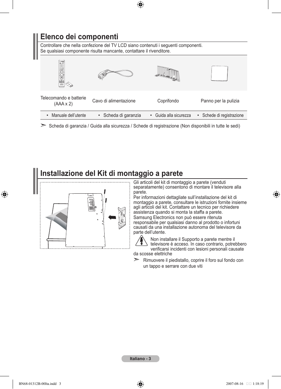 Elenco dei componenti, Installazione del kit di montaggio a parete | Samsung LE40F86BD User Manual | Page 261 / 516