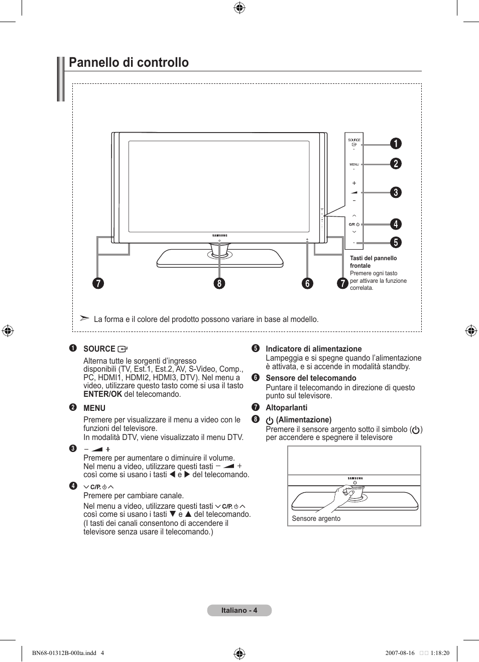 Pannello di controllo | Samsung LE40F86BD User Manual | Page 262 / 516