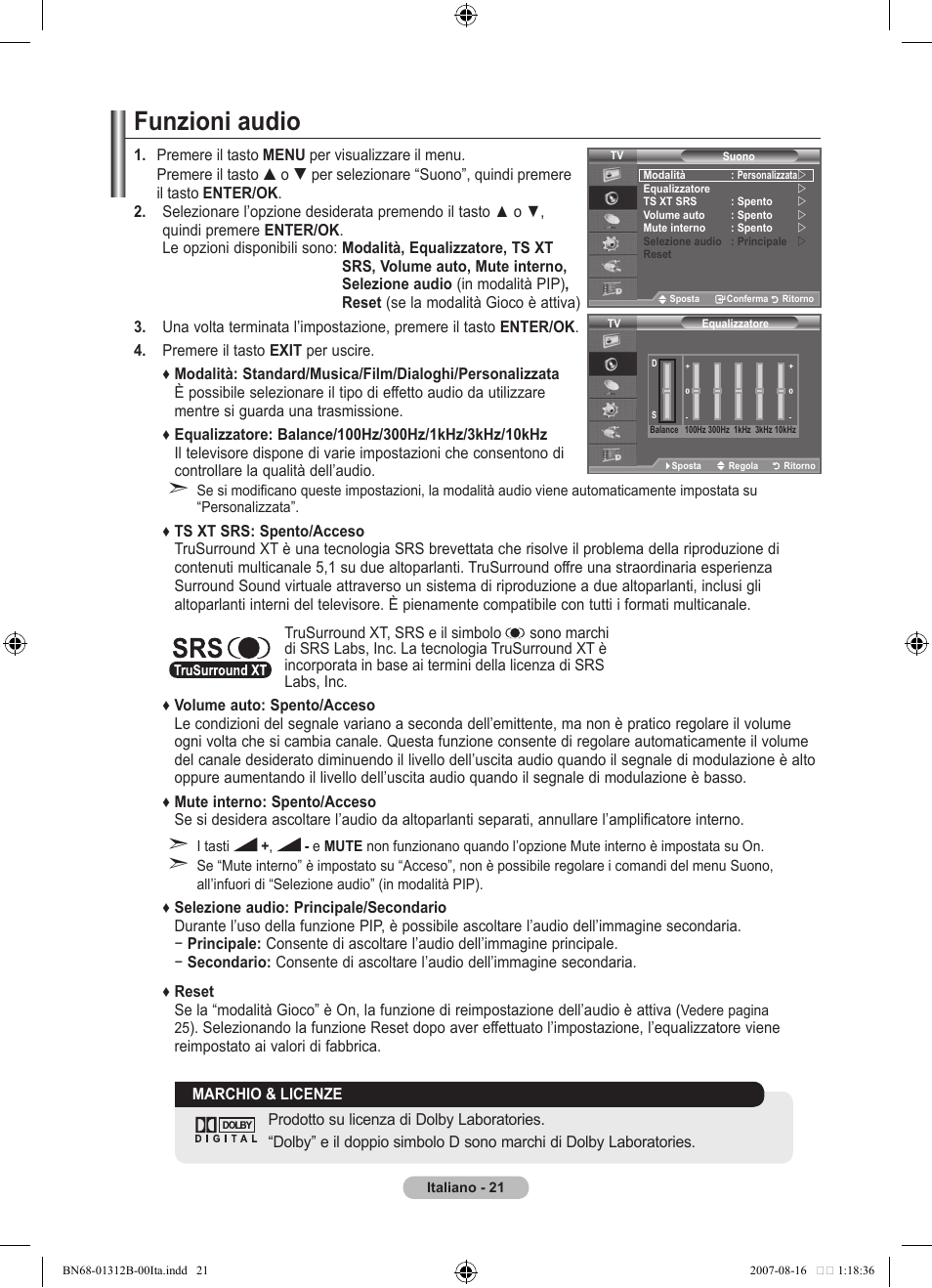 Funzioni audio | Samsung LE40F86BD User Manual | Page 279 / 516