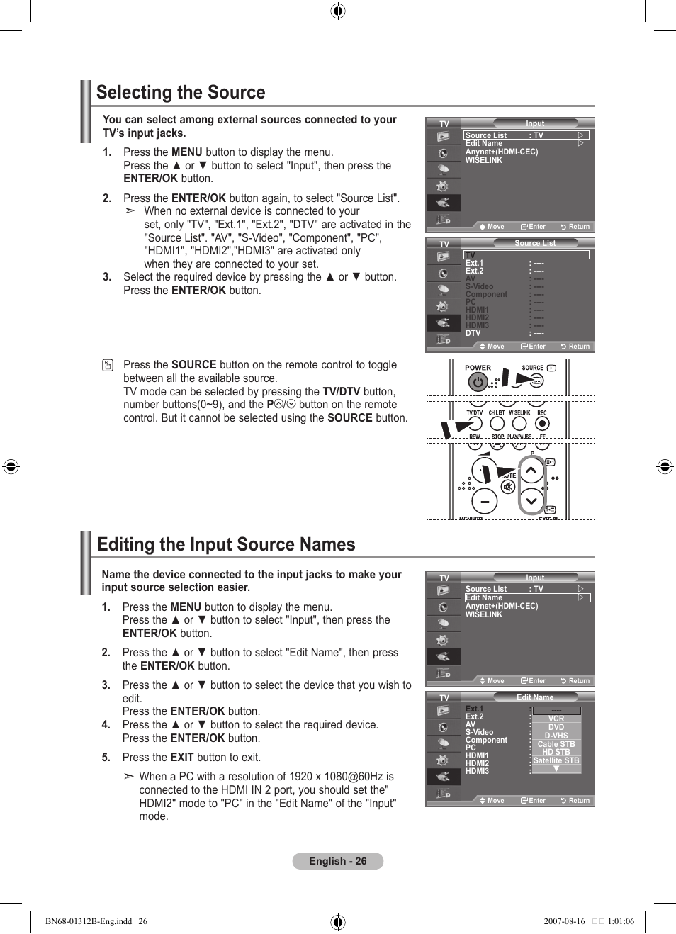 Selecting the source, Editing the input source names | Samsung LE40F86BD User Manual | Page 28 / 516